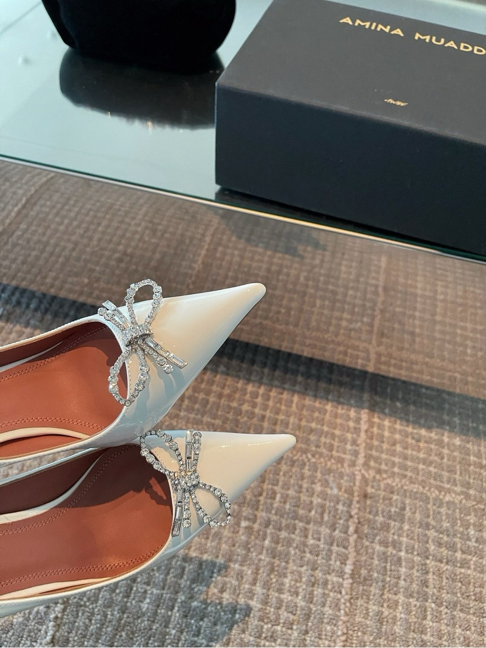 Amina Muaddi White Patent Pointed Pump with Crystal Bow - Picture 3 of 9
